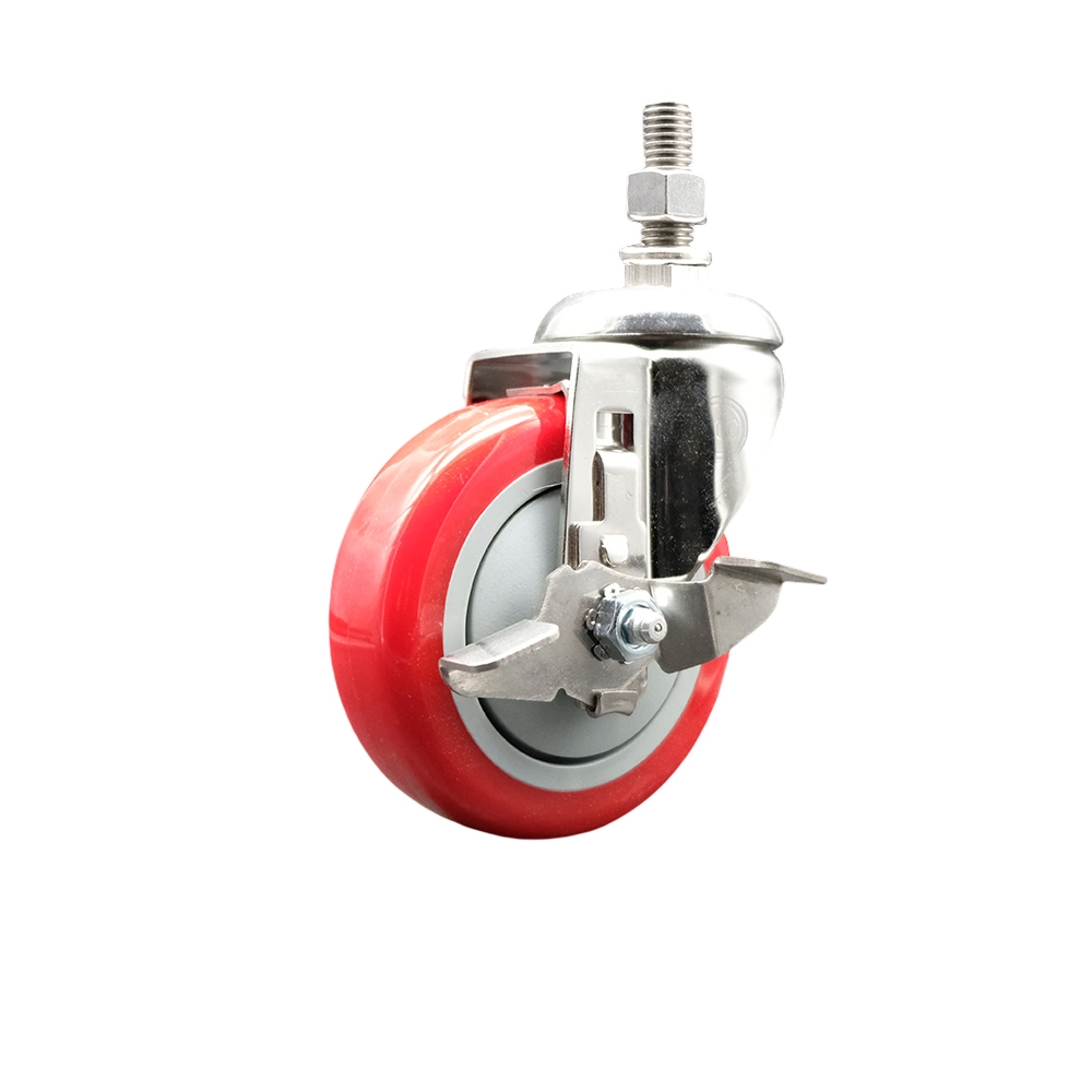 Polyurethane Swivel Stem Caster with 4 Inch Red Caster Wheel and Top Lock Brake - 3/8" Threaded Stem - 316 Stainless Steel Caster - 350 lbs. Capacity Per Caster - Service Caster Brand — photo 1