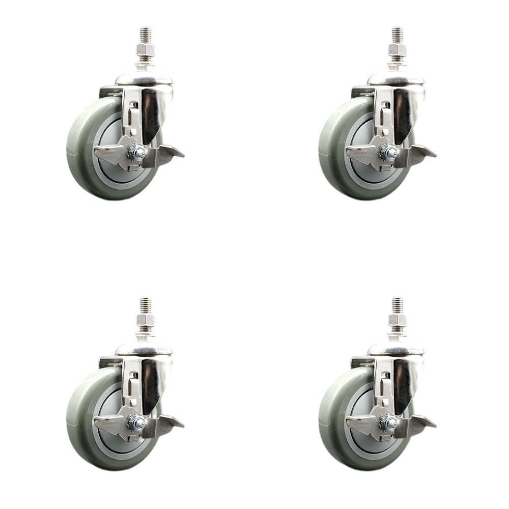 Polyurethane Swivel Stem Caster Set of 4 with 4 Inch Gray Caster Wheels - 1/2" Threaded Stems - 316 Stainless Steel Casters - Includes 4 Swivel Casters with Top Lock Brakes - Service Caster Brand — photo 1