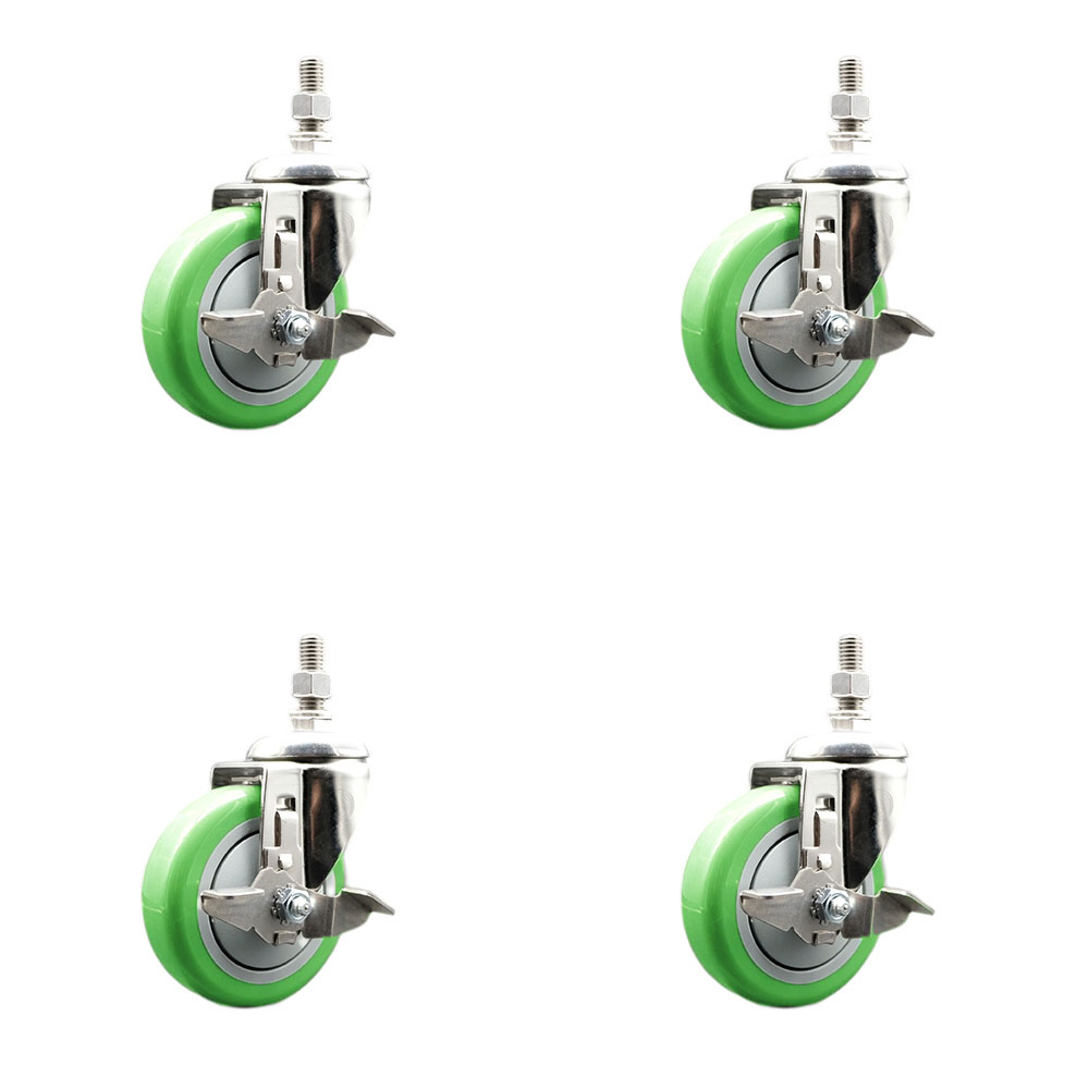 Polyurethane Swivel Stem Caster Set of 4 with 4 Inch Green Caster Wheels - 1/2" Threaded Stems - 316 Stainless Steel Casters - Includes 4 Swivel Casters with Top Lock Brakes - Service Caster Brand — photo 1