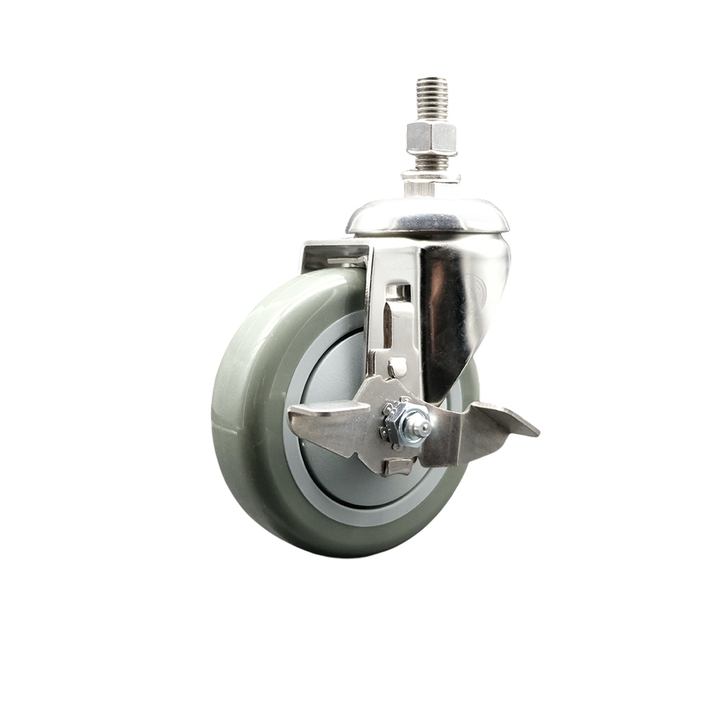 Polyurethane Swivel Stem Caster with 4 Inch Gray Caster Wheel and Top Lock Brake - 1/2" Threaded Stem - 316 Stainless Steel Caster - 350 lbs. Capacity Per Caster - Service Caster Brand — photo 1