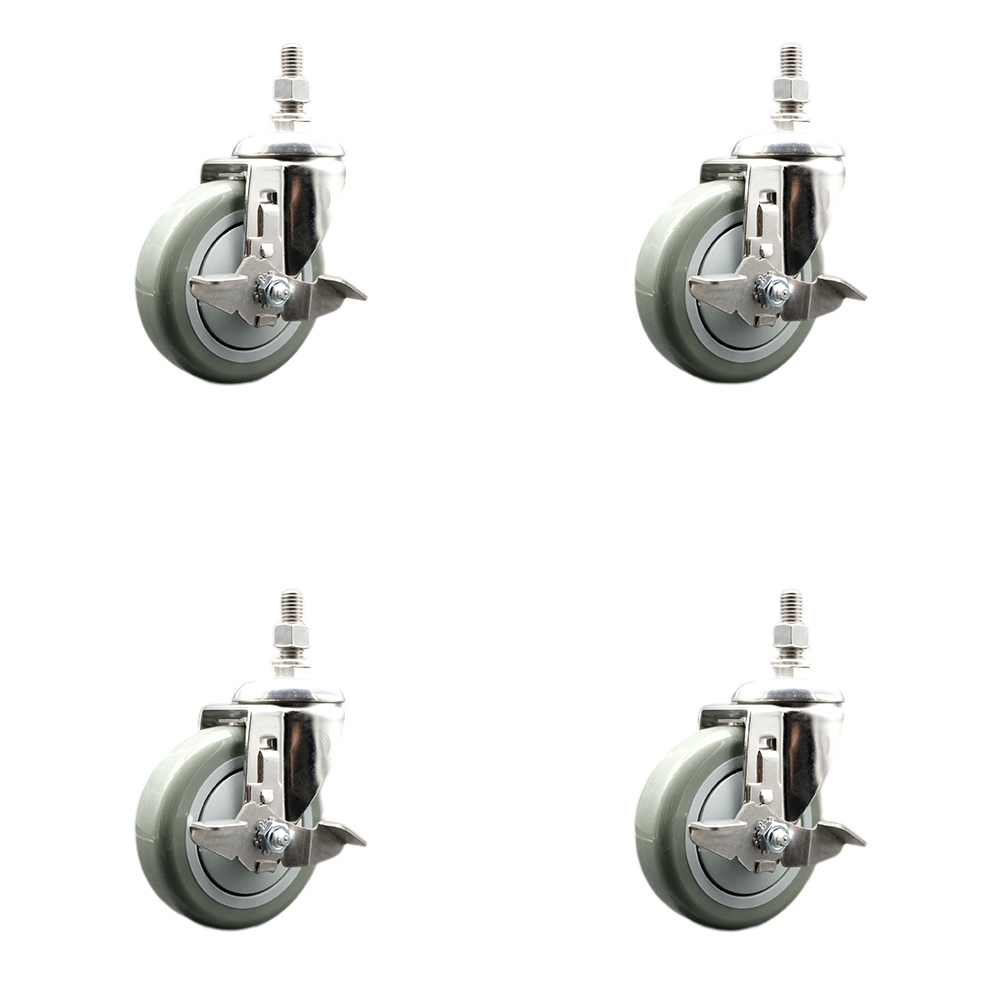 Polyurethane Swivel Stem Caster Set of 4 with 4 Inch Gray Caster Wheels - 3/8" Threaded Stems - 316 Stainless Steel Casters - Includes 4 Swivel Casters with Top Lock Brakes - Service Caster Brand — photo 1