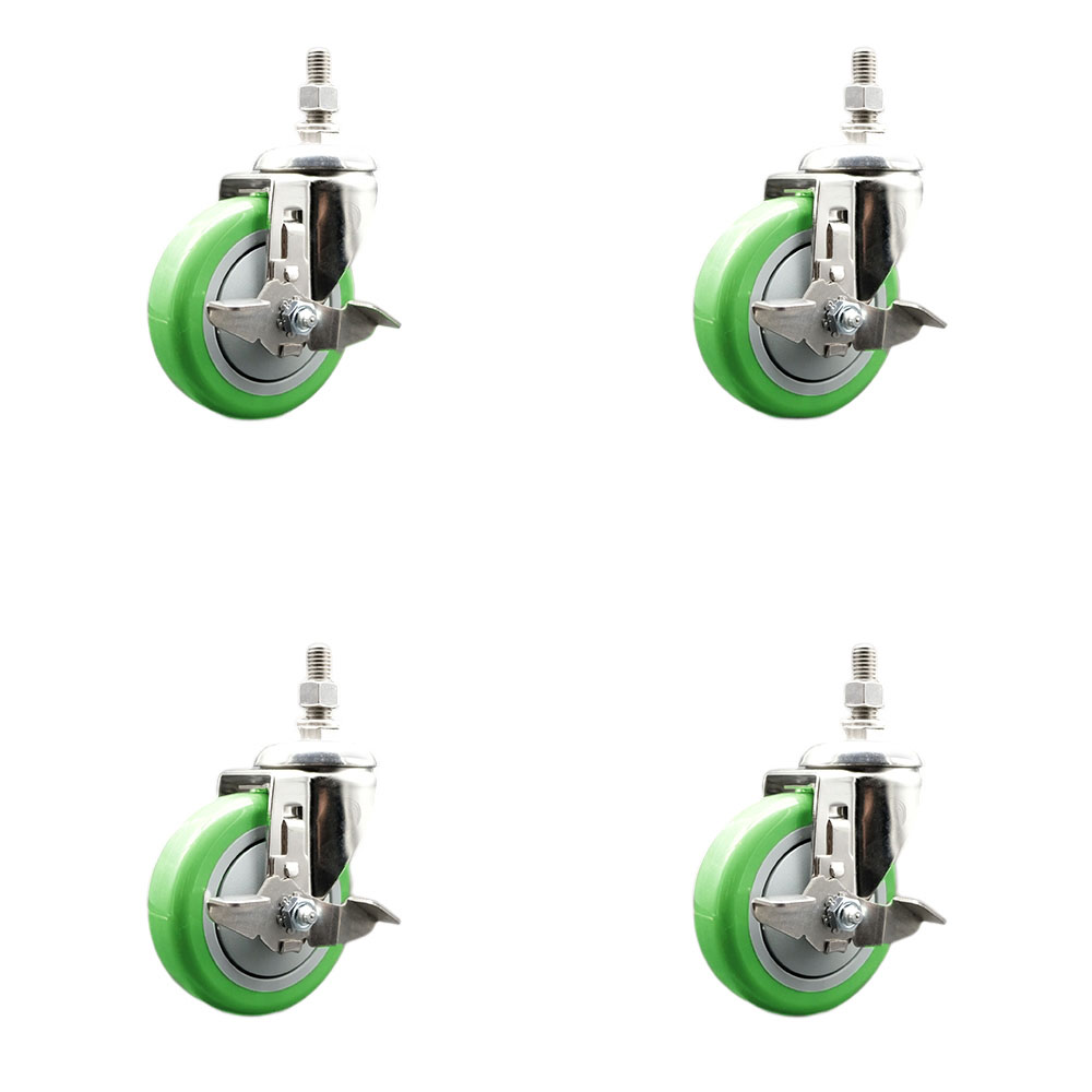 Polyurethane Swivel Stem Caster Set of 4 with 4 Inch Green Caster Wheels - 3/8" Threaded Stems - 316 Stainless Steel Casters - Includes 4 Swivel Casters with Top Lock Brakes - Service Caster Brand — photo 1