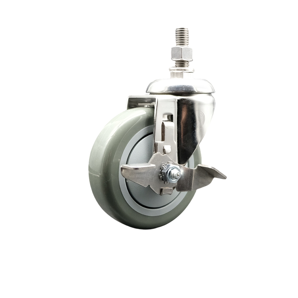 Polyurethane Swivel Stem Caster with 4 Inch Gray Caster Wheel and Top Lock Brake - 3/8" Threaded Stem - 316 Stainless Steel Caster - 350 lbs. Capacity Per Caster - Service Caster Brand — photo 1