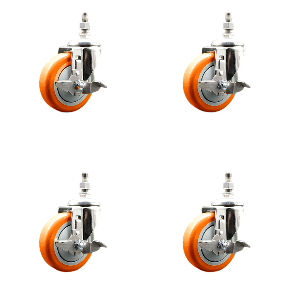 Polyurethane Swivel Stem Caster Set of 4 with 4 Inch Orange Caster Wheels - 10mm Metric Threaded Stems - 316 Stainless Steel Casters-Includes 4 Swivel Casters with Top Lock Brakes-Service Caster Brand — photo 1