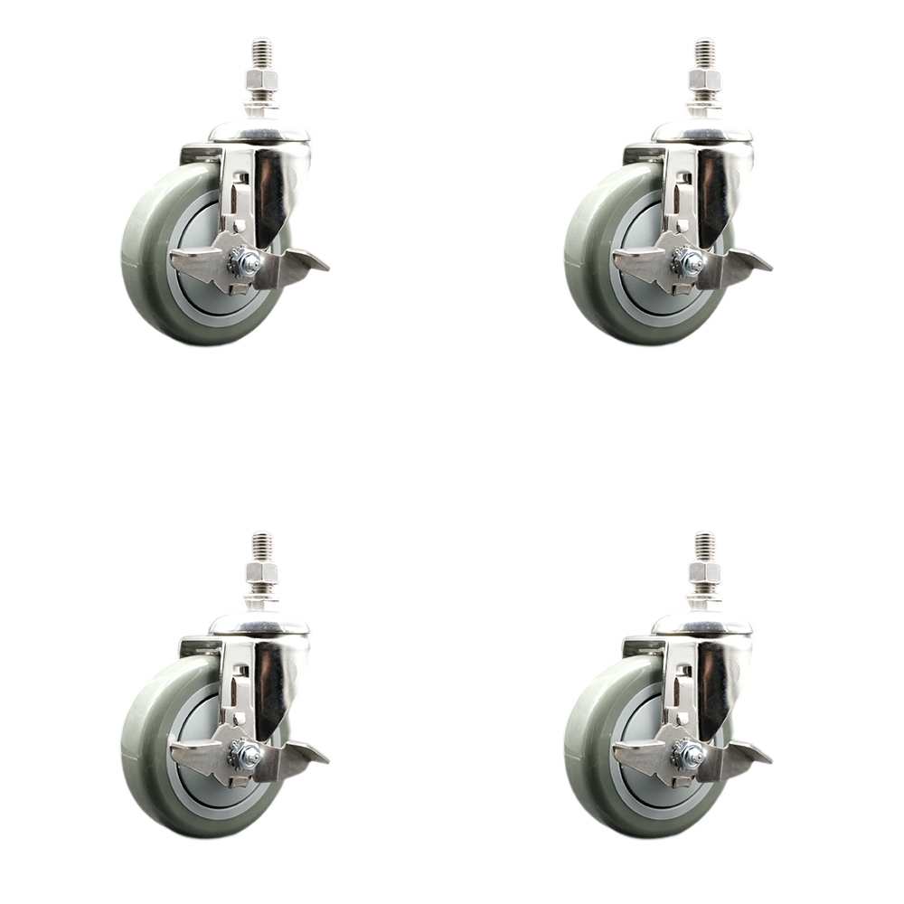 Polyurethane Swivel Stem Caster Set of 4 with 4 Inch Gray Caster Wheels - 10mm Metric Threaded Stems - 316 Stainless Steel Casters -Includes 4 Swivel Casters with Top Lock Brakes-Service Caster Brand — photo 1