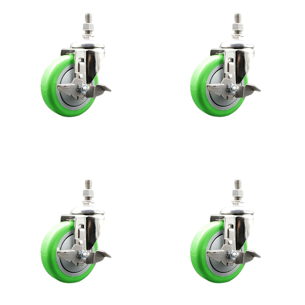 Polyurethane Swivel Stem Caster Set of 4 with 4 Inch Green Caster Wheels - 10mm Metric Threaded Stems - 316 Stainless Steel Casters -Includes 4 Swivel Casters with Top Lock Brakes-Service Caster Brand — photo 1