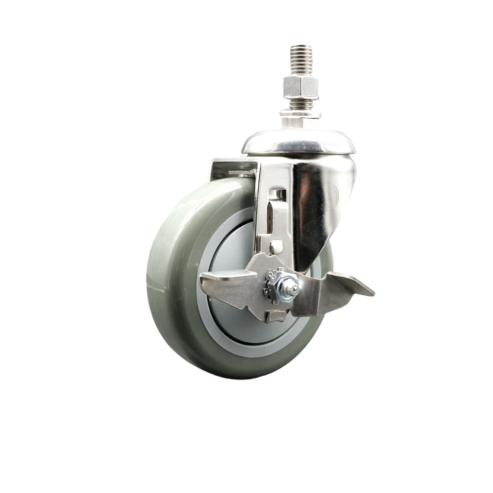 Polyurethane Swivel Stem Caster with 4 Inch Gray Caster Wheel and Top Lock Brake - 10mm Metric Threaded Stem - 316 Stainless Steel Caster - 350 lbs. Capacity Per Caster - Service Caster Brand — photo 1