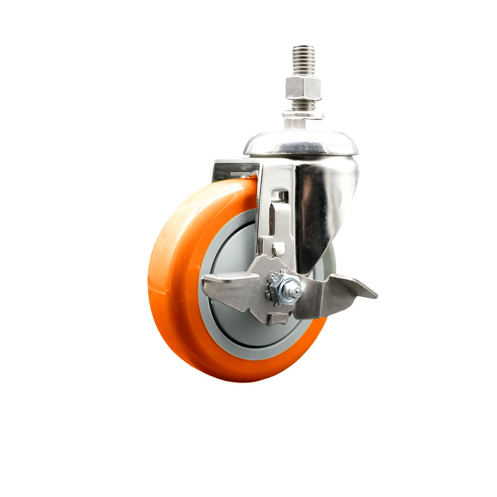 Polyurethane Swivel Stem Caster with 4 Inch Orange Caster Wheel and Top Lock Brake - 10mm Metric Threaded Stem - 316 Stainless Steel Caster - 350 lbs. Capacity Per Caster - Service Caster Brand — photo 1