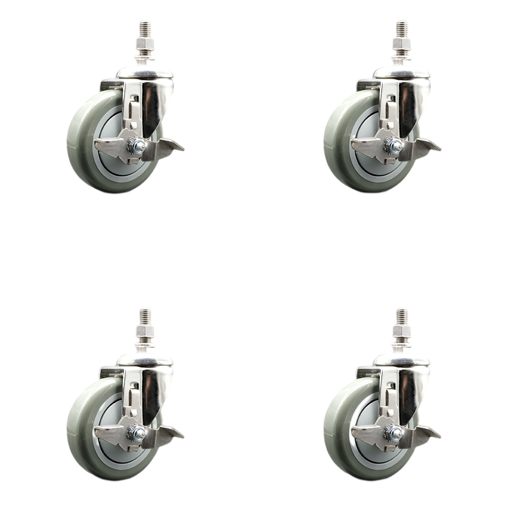 Polyurethane Swivel Stem Caster Set of 4 with 4 Inch Gray Caster Wheels - 12mm Metric Threaded Stems - 316 Stainless Steel Casters -Includes 4 Swivel Casters with Top Lock Brakes-Service Caster Brand — photo 1