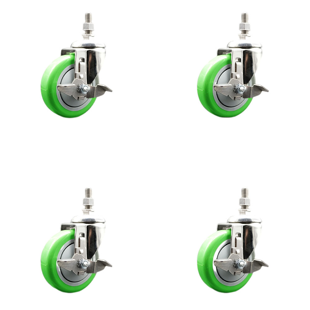 Polyurethane Swivel Stem Caster Set of 4 with 4 Inch Green Caster Wheels - 12mm Metric Threaded Stems - 316 Stainless Steel Casters -Includes 4 Swivel Casters with Top Lock Brakes-Service Caster Brand — photo 1
