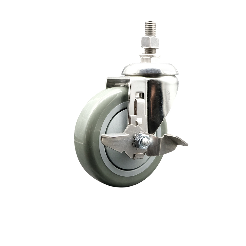 Polyurethane Swivel Stem Caster with 4 Inch Gray Caster Wheel and Top Lock Brake - 12mm Metric Threaded Stem - 316 Stainless Steel Caster - 350 lbs. Capacity Per Caster - Service Caster Brand — photo 1