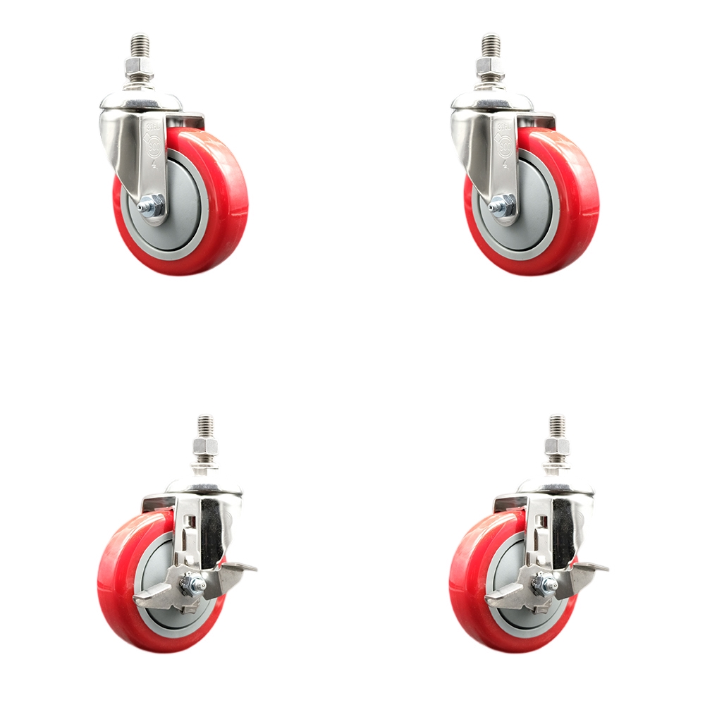 Poly Swivel Stem Caster Set of 4 with 4 Inch Red Caster Wheels - 1/2" Threaded Stems - 316 Stainless Steel Casters - Includes 2 Swivel Casters with Top Lock Brakes and 2 Swivel -Service Caster Brand — photo 1