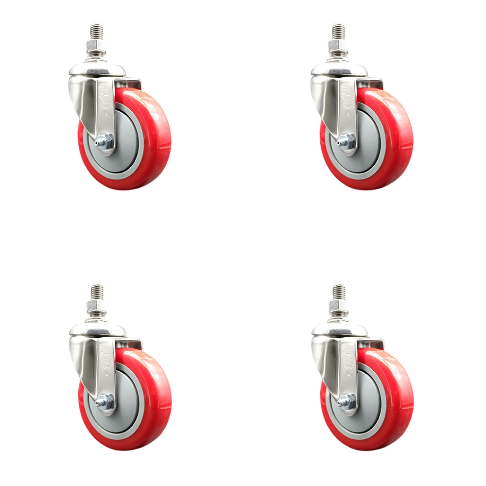 Polyurethane Swivel Stem Caster Set of 4 with 4 Inch Red Caster Wheels - 1/2" Threaded Stems - 316 Stainless Steel Casters - Includes 4 Swivel Casters - Service Caster Brand — photo 1
