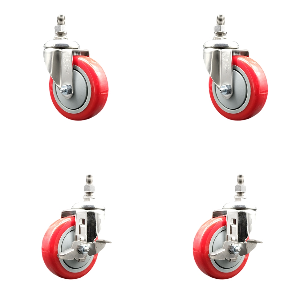 Poly Swivel Stem Caster Set of 4 with 4 Inch Red Caster Wheels - 3/8" Threaded Stems - 316 Stainless Steel Casters - Includes 2 Swivel Casters with Top Lock Brakes and 2 Swivel -Service Caster Brand — photo 1