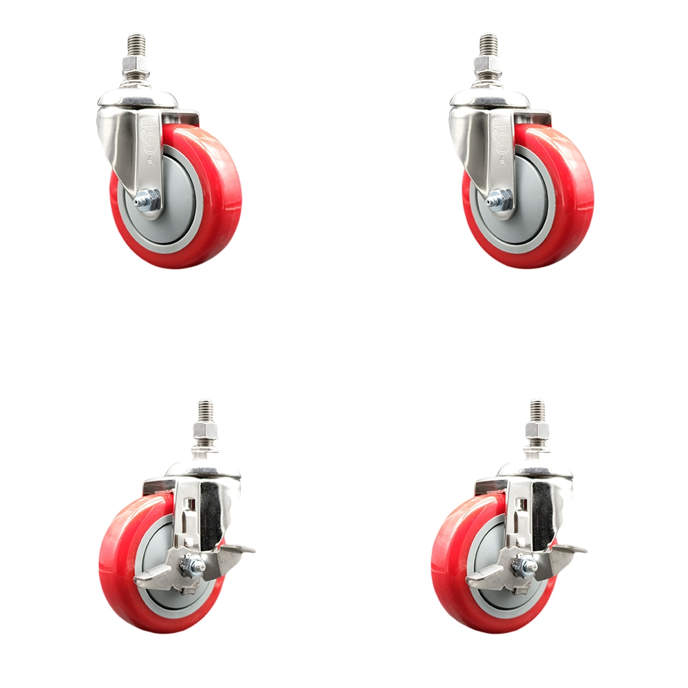 Poly Swivel Stem Caster Set of 4 with 4 Inch Red Caster Wheels-10mm Metric Threaded Stems-316 Stainless Steel Casters-Includes 2 Swivel Casters with Top Lock Brakes and 2 Swivel-Service Caster Brand — photo 1
