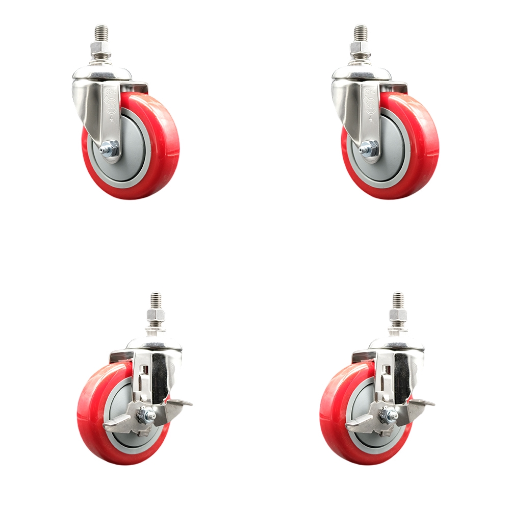 Poly Swivel Stem Caster Set of 4 with 4 Inch Red Caster Wheels-12mm Metric Threaded Stems-316 Stainless Steel Casters-Includes 2 Swivel Casters with Top Lock Brakes and 2 Swivel-Service Caster Brand — photo 1
