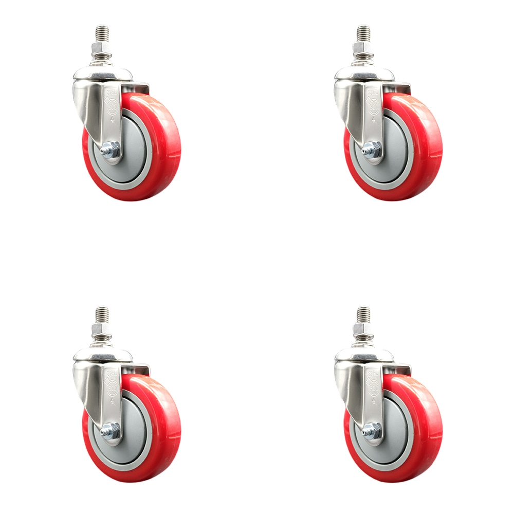 Polyurethane Swivel Stem Caster Set of 4 with 4 Inch Red Caster Wheels - 12mm Metric Threaded Stems - 316 Stainless Steel Casters - Includes 4 Swivel Casters - Service Caster Brand — photo 1