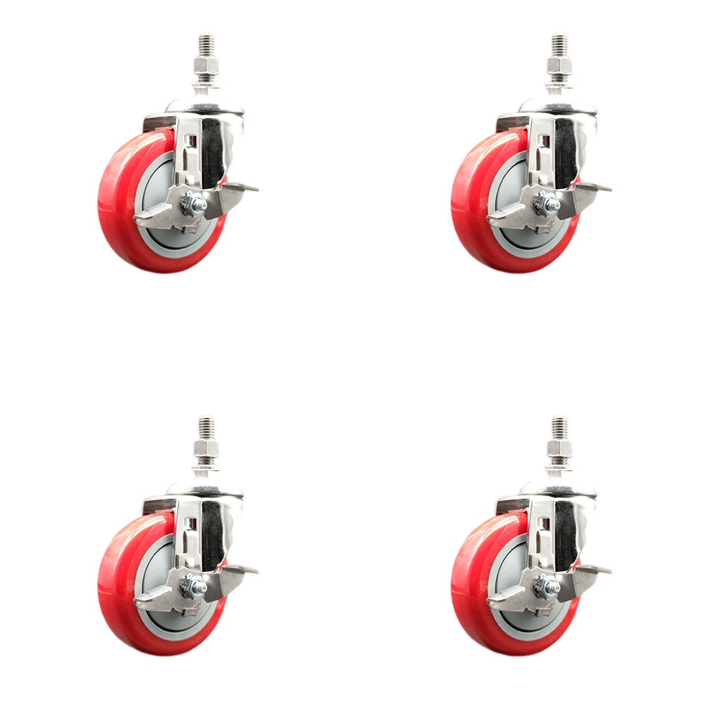 Polyurethane Swivel Stem Caster Set of 4 with 4 Inch Red Caster Wheels - 1/2" Threaded Stems - 316 Stainless Steel Casters - Includes 4 Swivel Casters with Top Lock Brakes - Service Caster Brand — photo 1