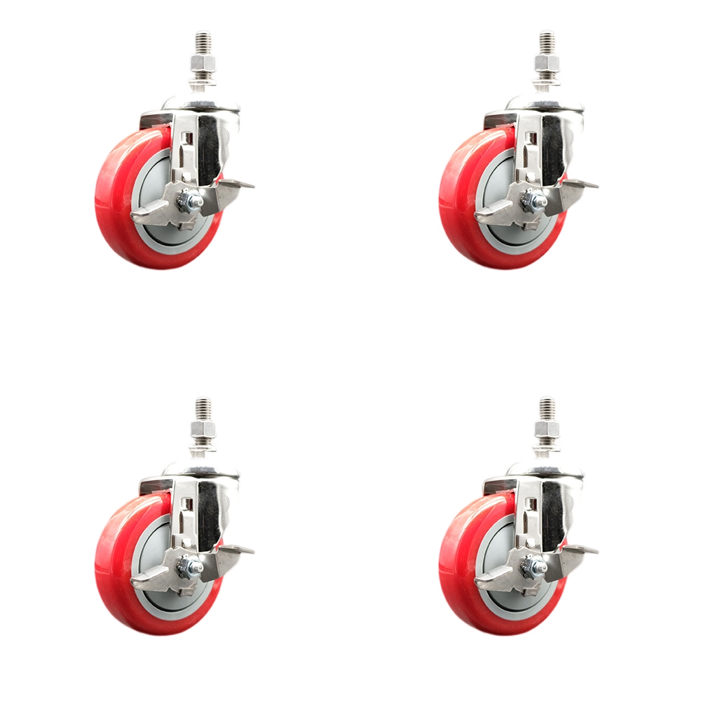 Polyurethane Swivel Stem Caster Set of 4 with 4 Inch Red Caster Wheels - 3/8" Threaded Stems - 316 Stainless Steel Casters - Includes 4 Swivel Casters with Top Lock Brakes - Service Caster Brand — photo 1