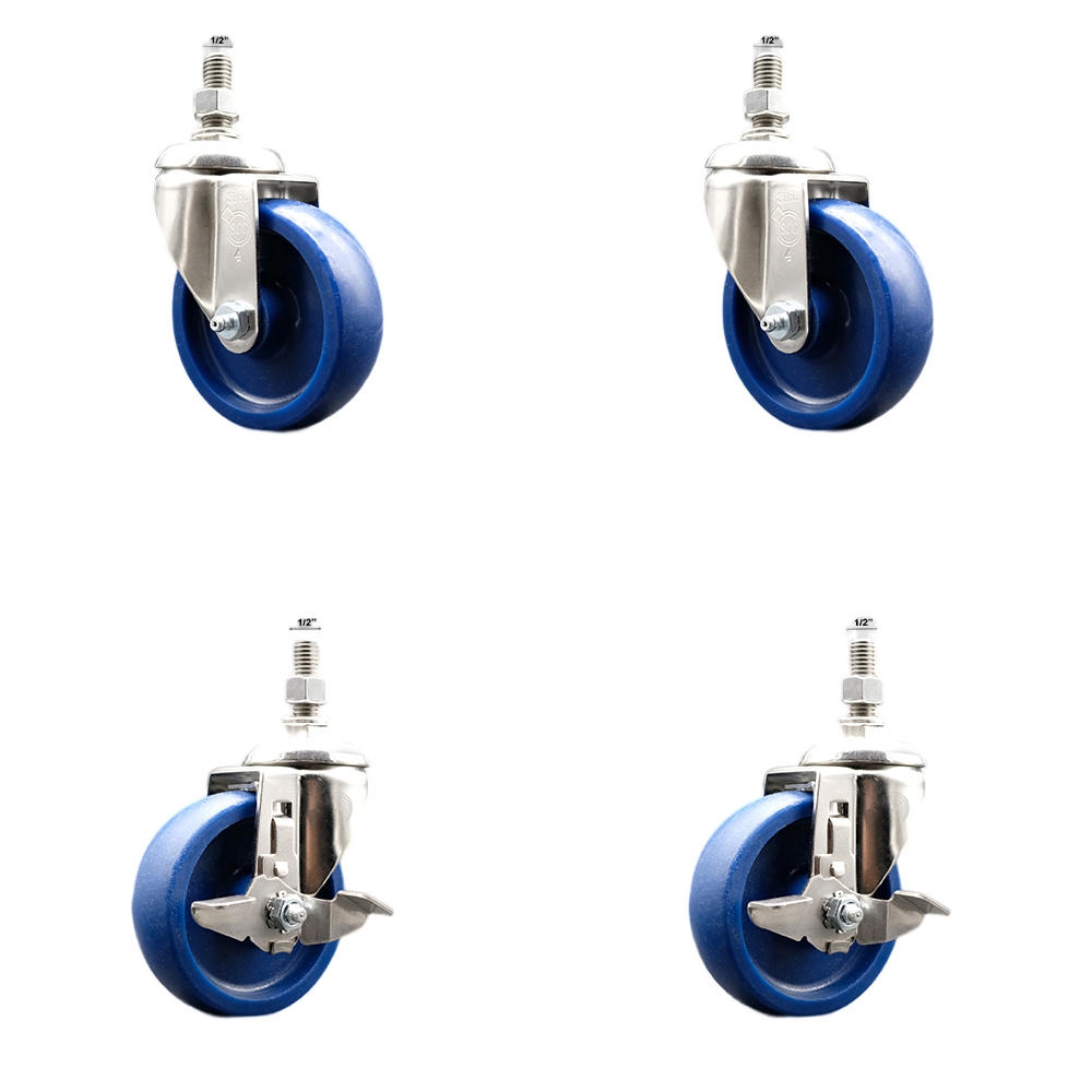 Solid Poly Swivel Stem Caster Set of 4 with 4 Inch Caster Wheels - 1/2" Threaded Stems - 316 Stainless Steel Casters- Includes 2 Swivel Casters with Top Lock Brakes and 2 Swivel - Service Caster Brand — photo 1