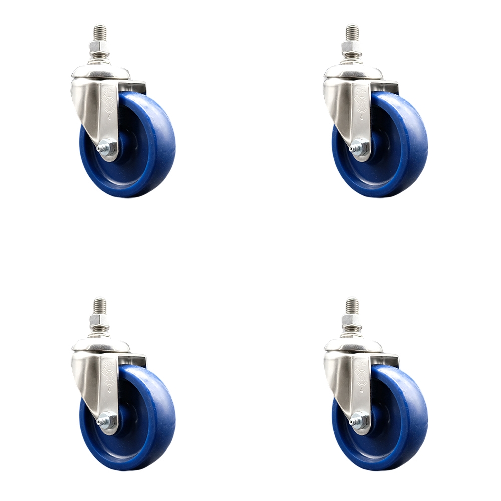 Solid Polyurethane Swivel Stem Caster Set of 4 with 4 Inch Caster Wheels - 1/2" Threaded Stems - 316 Stainless Steel Casters - Includes 4 Swivel Casters - Service Caster Brand — photo 1