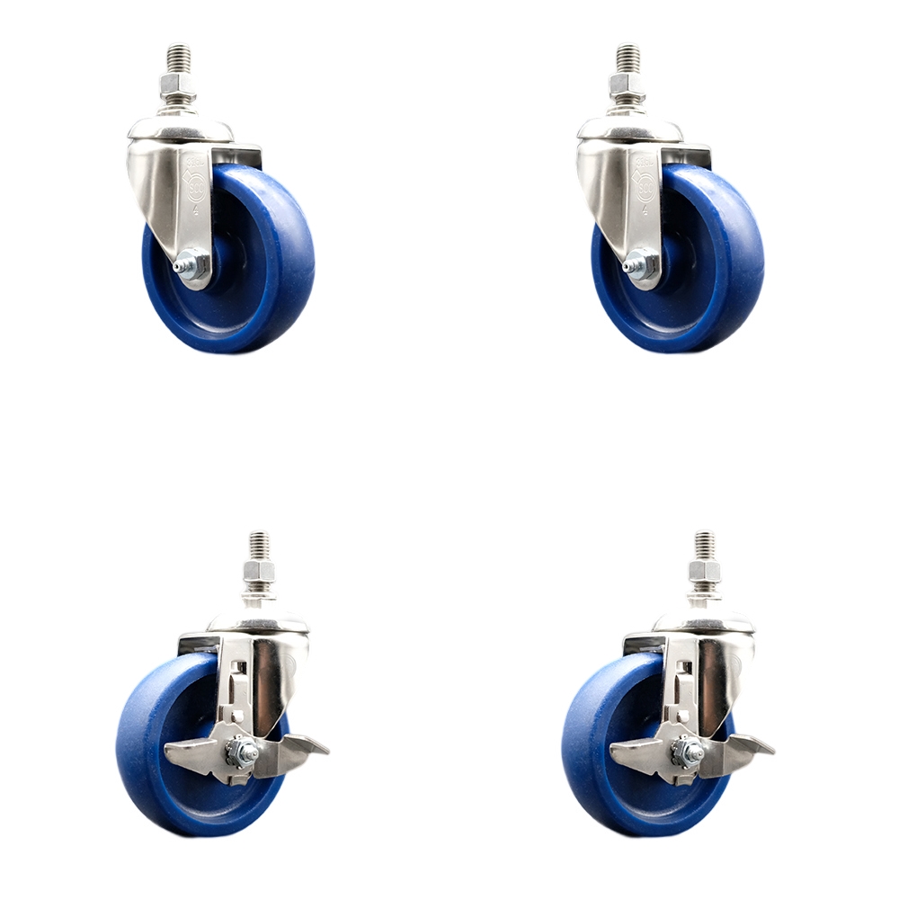 Solid Poly Swivel Stem Caster Set of 4 with 4 Inch Caster Wheels - 3/8" Threaded Stems - 316 Stainless Steel Casters- Includes 2 Swivel Casters with Top Lock Brakes and 2 Swivel - Service Caster Brand — photo 1