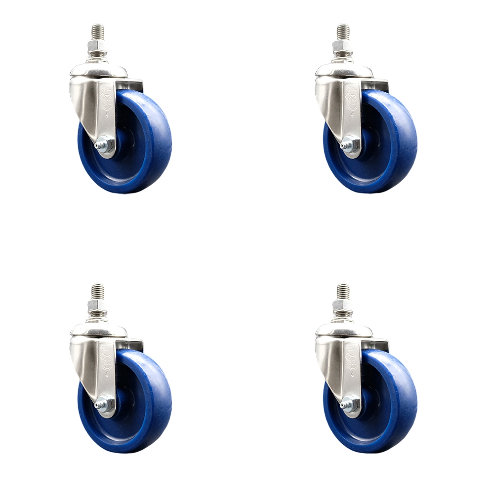 Solid Polyurethane Swivel Stem Caster Set of 4 with 4 Inch Caster Wheels - 3/8" Threaded Stems - 316 Stainless Steel Casters - Includes 4 Swivel Casters - Service Caster Brand — photo 1
