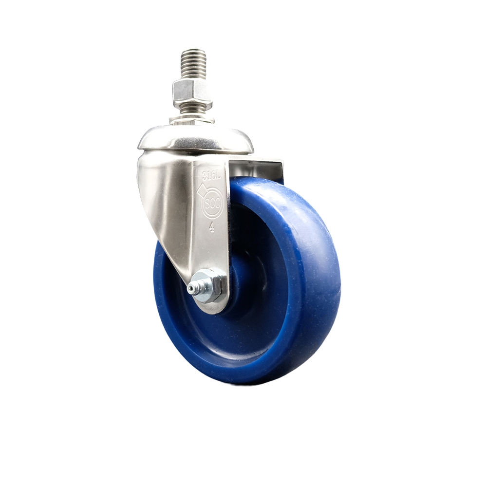 Solid Polyurethane Swivel Stem Caster with 4 Inch Blue Caster Wheel - 3/8" Threaded Stem - 316 Stainless Steel Caster - 300 lbs. Capacity Per Caster - Service Caster Brand — photo 1