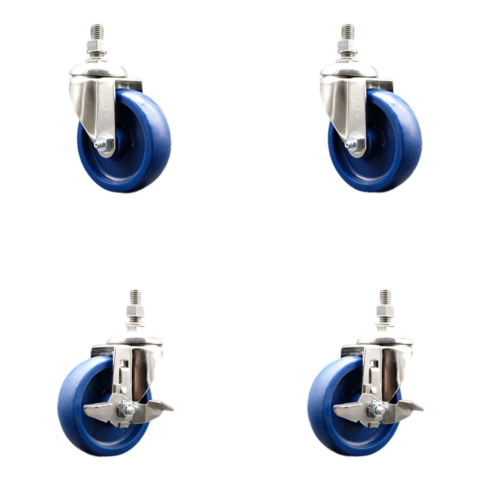 Solid Poly Swivel Stem Caster Set of 4 with 4 Inch Caster Wheels-10mm Metric Threaded Stems-316 Stainless Steel Casters-Includes 2 Swivel Casters with Top Lock Brakes and 2 Swivel-Service Caster Brand — photo 1