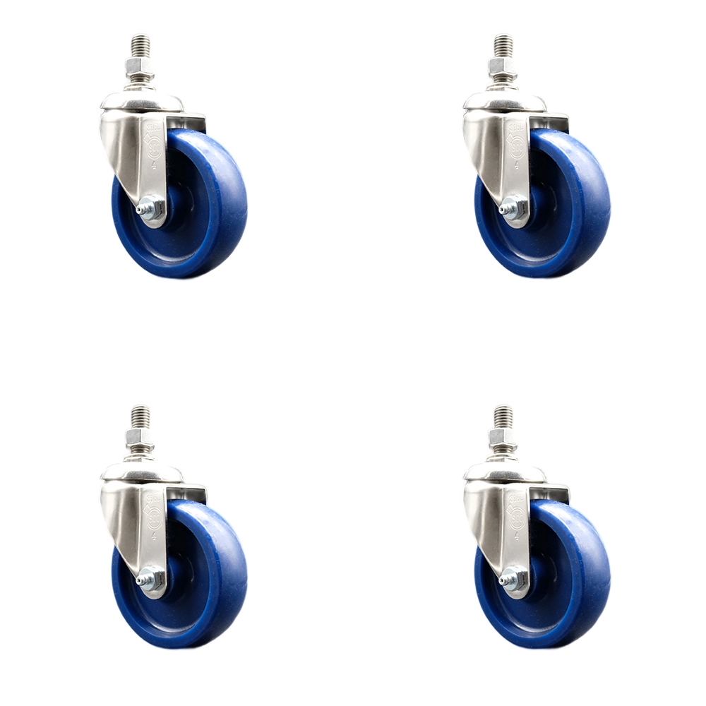 Solid Polyurethane Swivel Stem Caster Set of 4 with 4 Inch Caster Wheels - 10mm Metric Threaded Stems - 316 Stainless Steel Casters - Includes 4 Swivel Casters - Service Caster Brand — photo 1