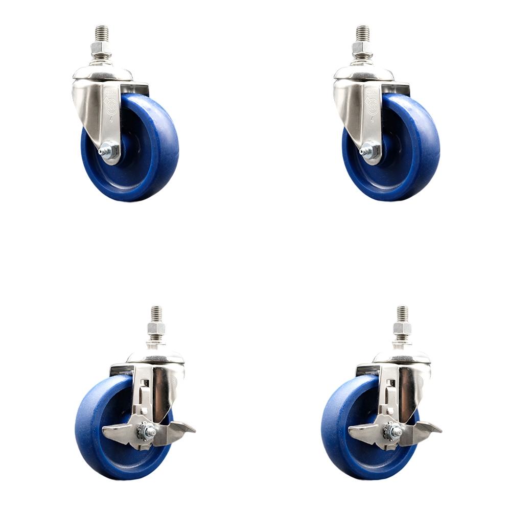 Solid Poly Swivel Stem Caster Set of 4 with 4 Inch Caster Wheels-12mm Metric Threaded Stems-316 Stainless Steel Casters-Includes 2 Swivel Casters with Top Lock Brakes and 2 Swivel-Service Caster Brand — photo 1