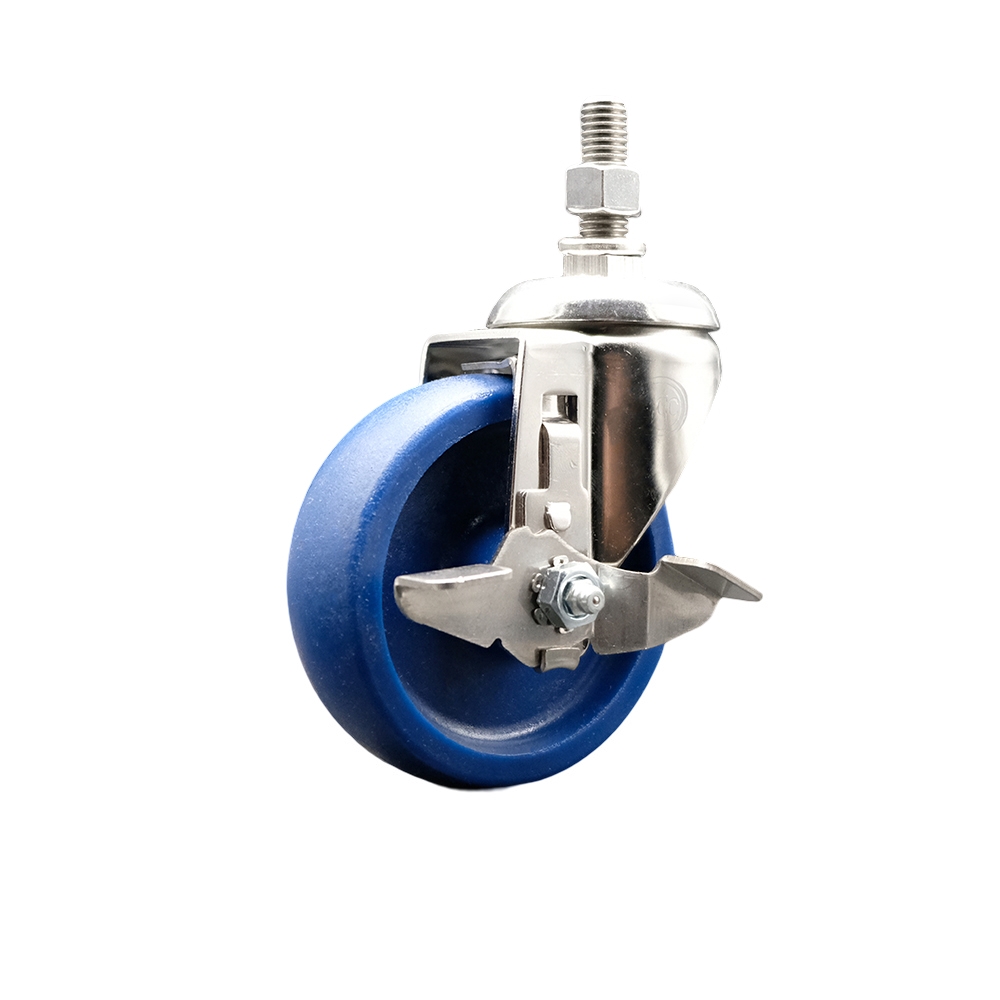 Solid Polyurethane Swivel Stem Caster with 4 Inch Blue Caster Wheel and Top Lock Brake - 1/2" Threaded Stem - 316 Stainless Steel Caster - 300 lbs. Capacity Per Caster - Service Caster Brand — photo 1