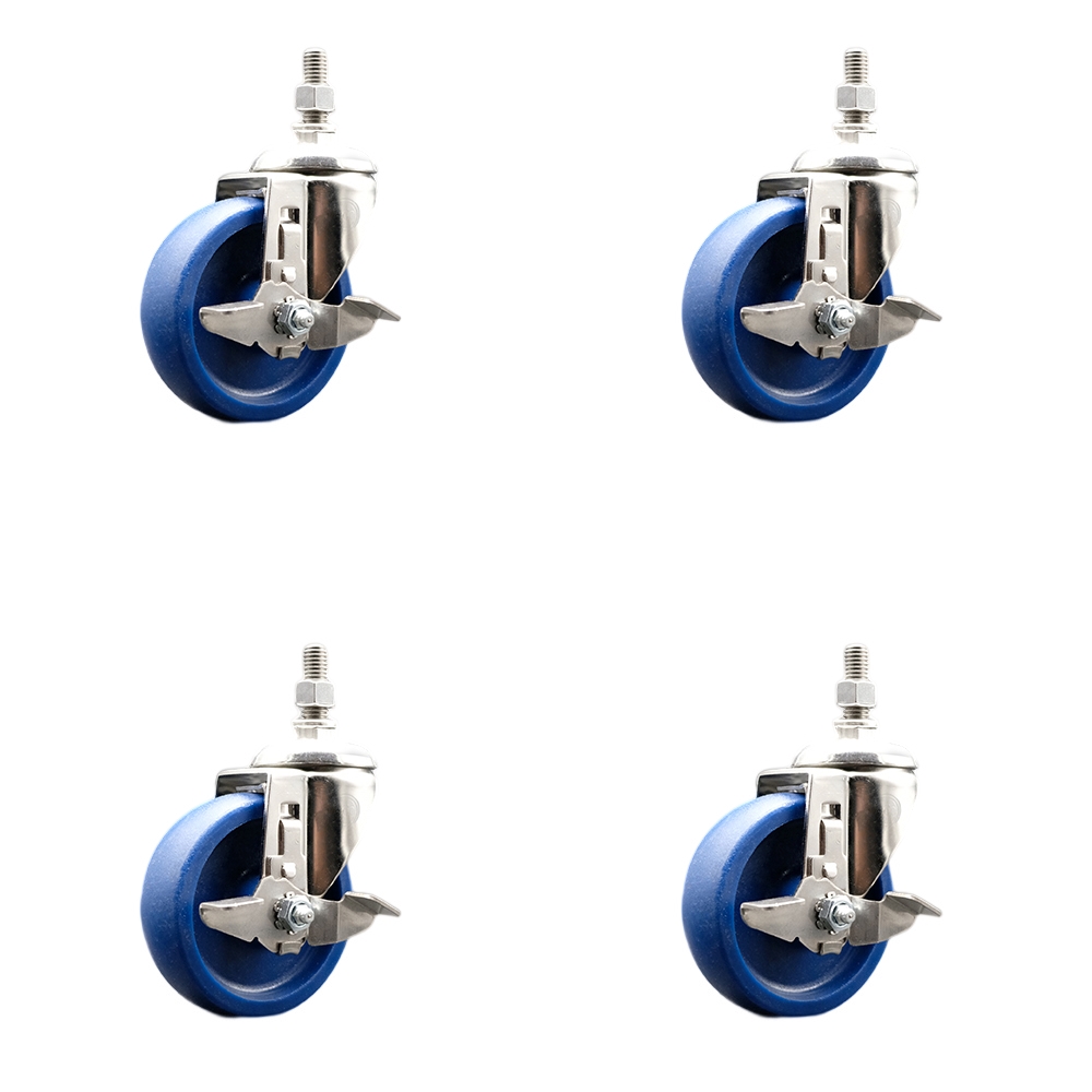 Solid Polyurethane Swivel Stem Caster Set of 4 with 4 Inch Caster Wheels - 3/8" Threaded Stems - 316 Stainless Steel Casters - Includes 4 Swivel Casters with Top Lock Brakes - Service Caster Brand — photo 1