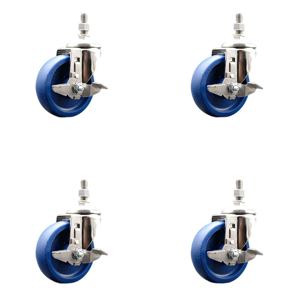 Solid Polyurethane Swivel Stem Caster Set of 4 with 4 Inch Caster Wheels - 10mm Metric Threaded Stems - 316 Stainless Steel Casters -Includes 4 Swivel Casters with Top Lock Brakes-Service Caster Brand — photo 1