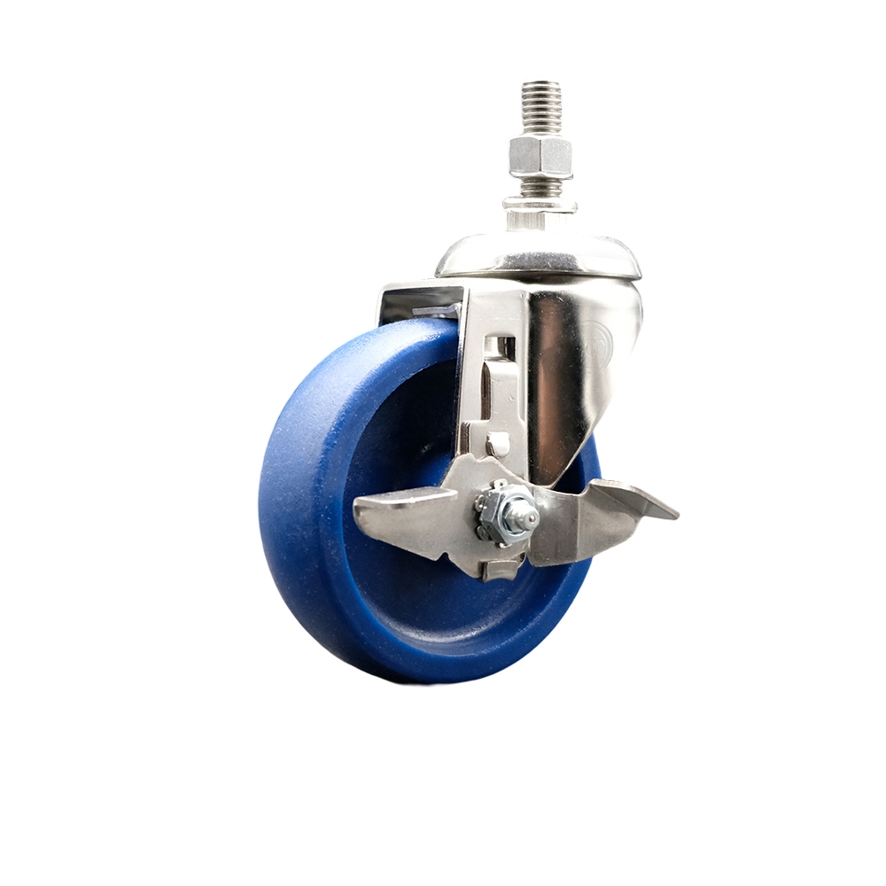 Solid Polyurethane Swivel Stem Caster with 4 Inch Blue Caster Wheel and Top Lock Brake - 10mm Metric Threaded Stem - 316 Stainless Steel Caster - 300 lbs. Capacity Per Caster - Service Caster Brand — photo 1