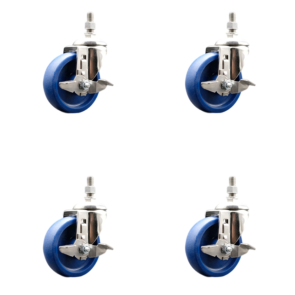 Solid Polyurethane Swivel Stem Caster Set of 4 with 4 Inch Caster Wheels - 12mm Metric Threaded Stems - 316 Stainless Steel Casters -Includes 4 Swivel Casters with Top Lock Brakes-Service Caster Brand — photo 1
