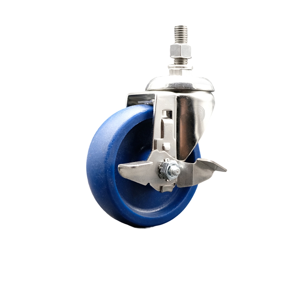 Solid Polyurethane Swivel Stem Caster with 4 Inch Blue Caster Wheel and Top Lock Brake - 12mm Metric Threaded Stem - 316 Stainless Steel Caster - 300 lbs. Capacity Per Caster - Service Caster Brand — photo 1