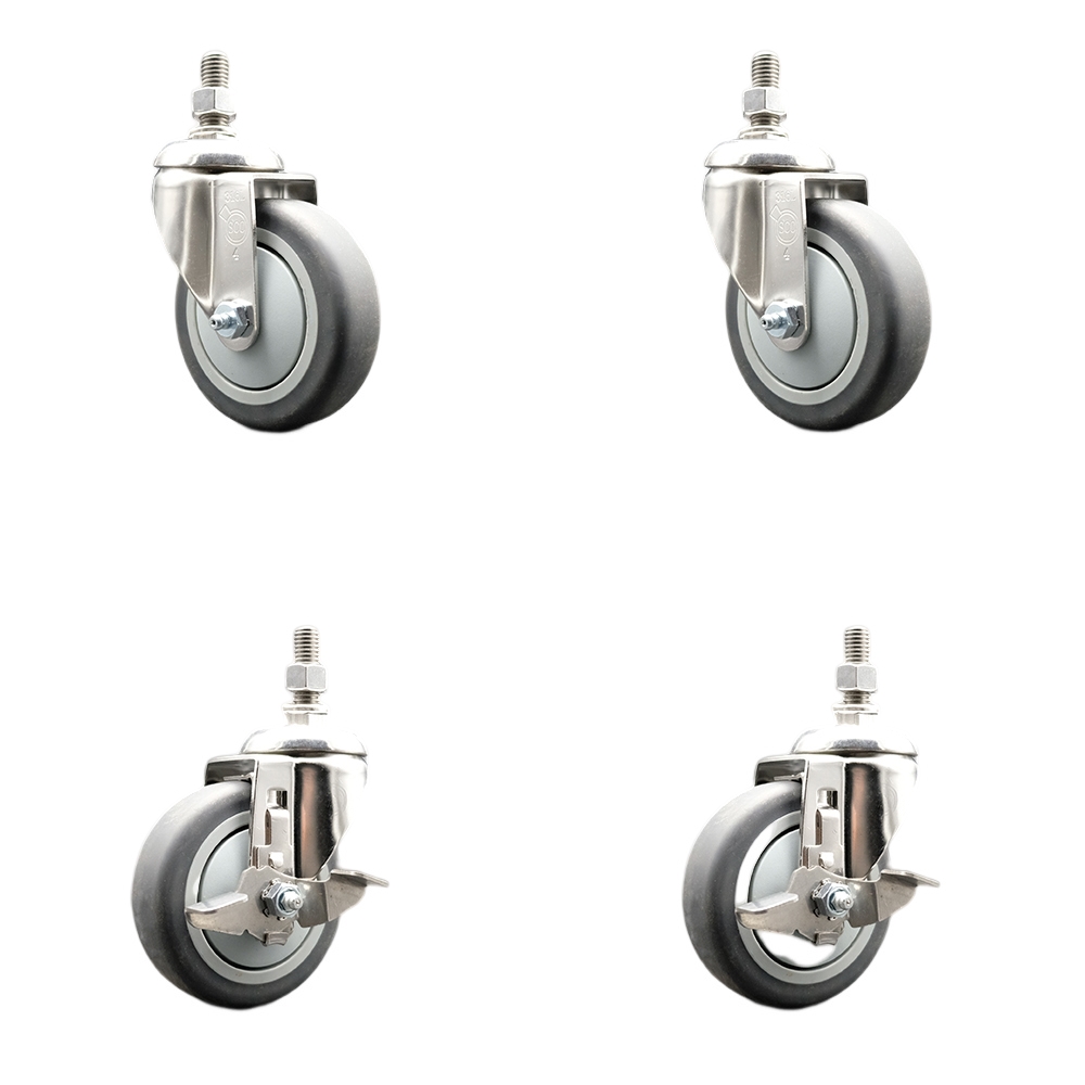 Thermoplastic Rubber Swivel Stem Caster Set of 4 with 4 Inch Caster Wheels-1/2" Threaded Stems-316 Stainless Steel Caster-Include 2 Swivel Casters with Top Lock Brake and 2 Swivel-Service Caster Brand — photo 1