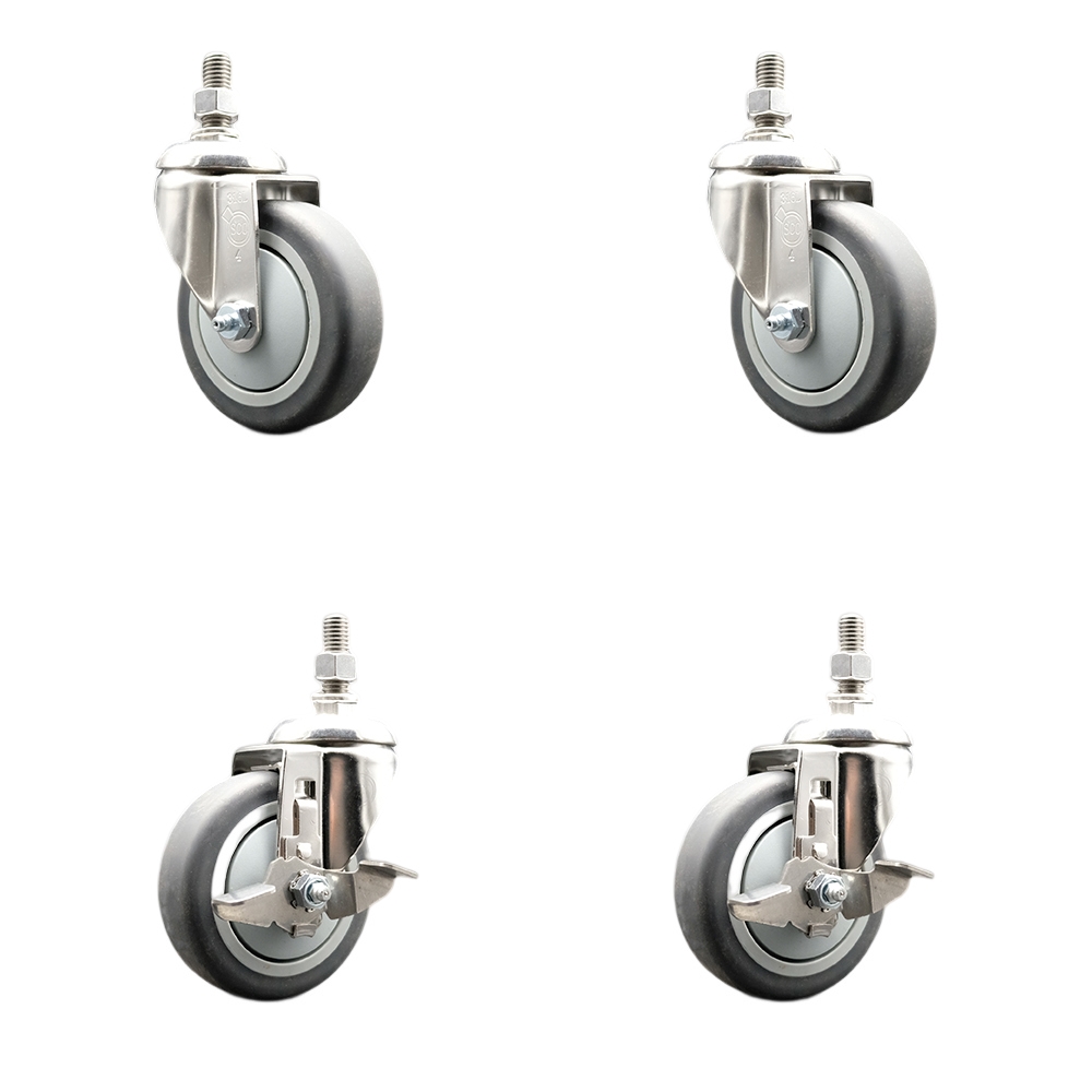 Thermoplastic Rubber Swivel Stem Caster Set of 4 with 4 Inch Caster Wheels-3/8" Threaded Stems-316 Stainless Steel Caster-Include 2 Swivel Casters with Top Lock Brake and 2 Swivel-Service Caster Brand — photo 1