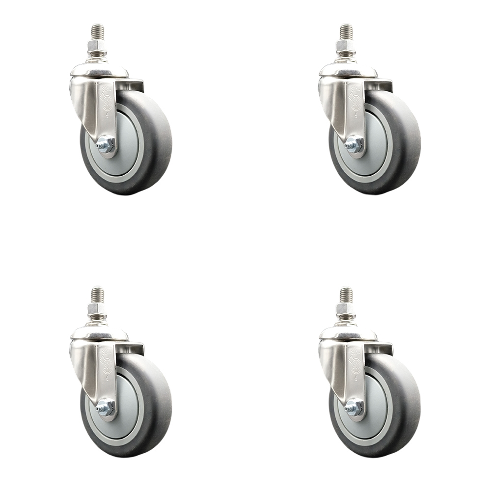 Thermoplastic Rubber Swivel Stem Caster Set of 4 with 4 Inch Caster Wheels - 3/8" Threaded Stems - 316 Stainless Steel Casters - Includes 4 Swivel Casters - Service Caster Brand — photo 1