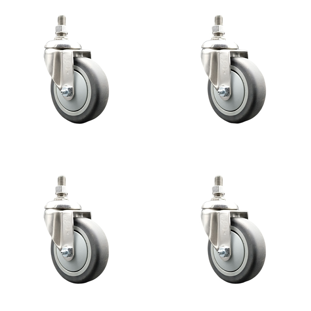 Thermoplastic Rubber Swivel Stem Caster Set of 4 with 4 Inch Caster Wheels - 10mm Metric Threaded Stems - 316 Stainless Steel Casters - Includes 4 Swivel Casters - Service Caster Brand — photo 1