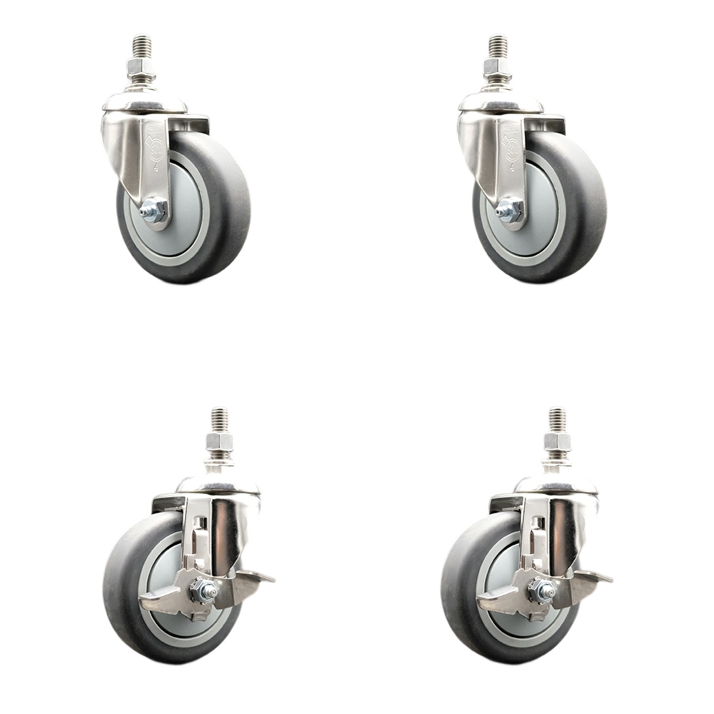 Thermoplastic Rubber Swivel Stem Caster Set of 4 with 4 Inch Caster Wheels-12mm Threaded Stems-316 Stainless Steel Caster-Include 2 Swivel Casters with Top Lock Brake and 2 Swivel-Service Caster Brand — photo 1