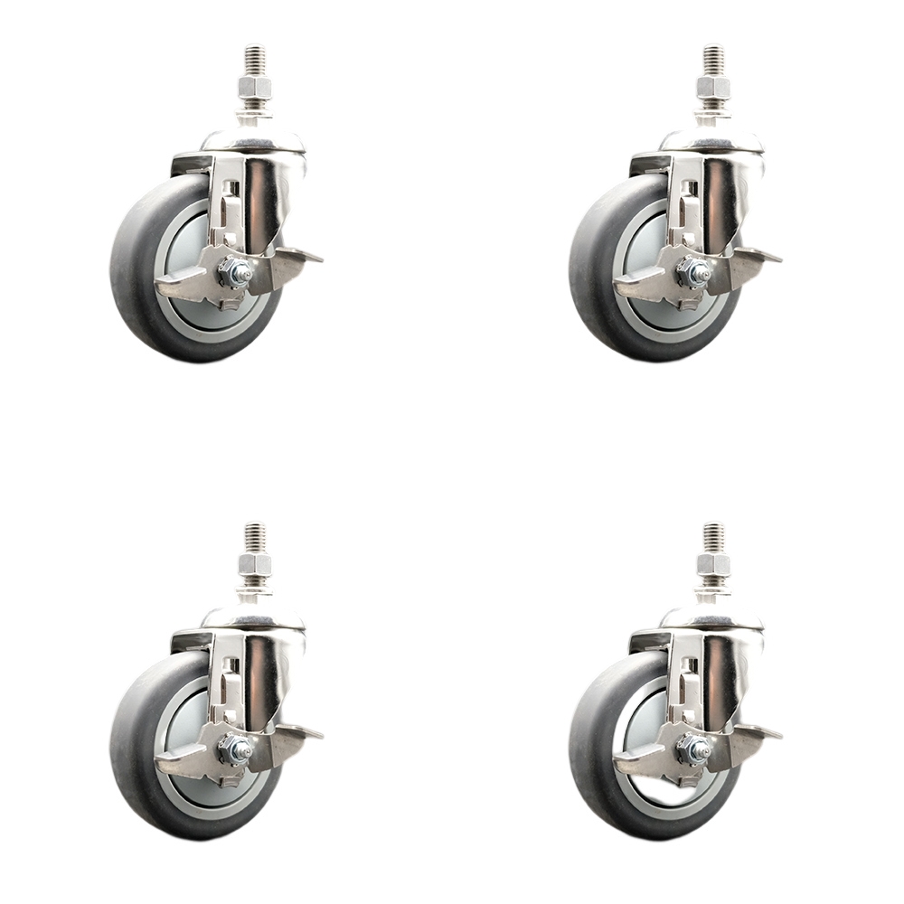 Thermoplastic Rubber Swivel Stem Caster Set of 4 with 4 Inch Caster Wheels - 1/2" Threaded Stems - 316 Stainless Steel Casters - Includes 4 Swivel Casters with Top Lock Brakes - Service Caster Brand — photo 1