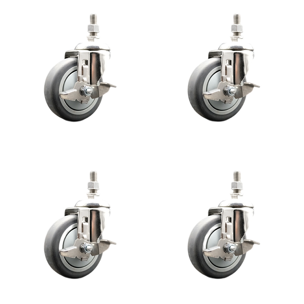 Thermoplastic Rubber Swivel Stem Caster Set of 4 with 4 Inch Caster Wheels - 3/8" Threaded Stems - 316 Stainless Steel Casters - Includes 4 Swivel Casters with Top Lock Brakes - Service Caster Brand — photo 1