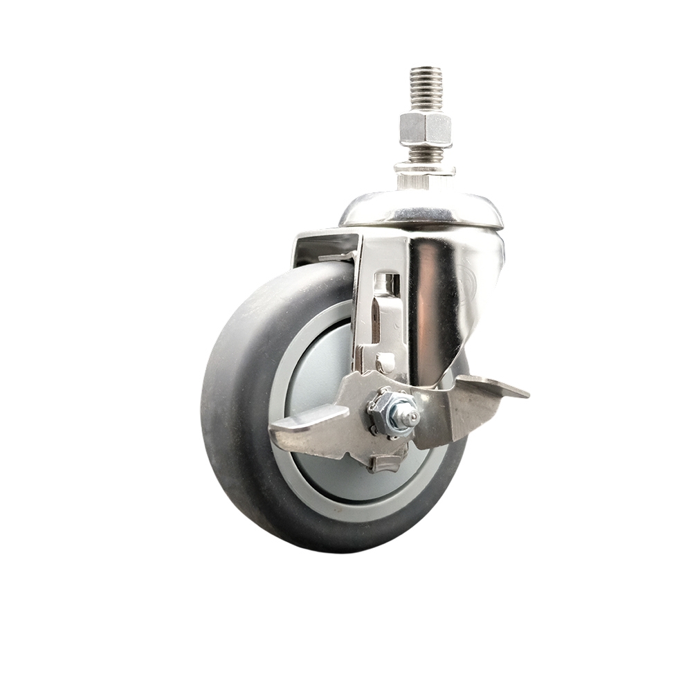Thermoplastic Rubber Swivel Stem Caster with 4 Inch Gray Caster Wheel and Top Lock Brake - 3/8" Threaded Stem - 316 Stainless Steel Caster - 250 lbs. Capacity Per Caster - Service Caster Brand — photo 1