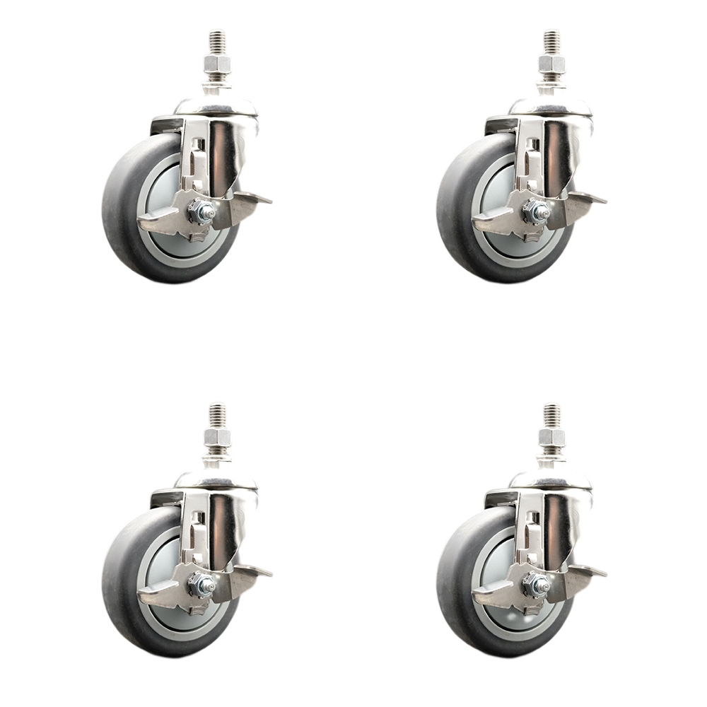 Thermoplastic Rubber Swivel Stem Caster Set of 4 with 4 Inch Caster Wheels - 12mm Metric Threaded Stems -316 Stainless Steel Casters-Includes 4 Swivel Casters with Top Lock Brakes-Service Caster Brand — photo 1