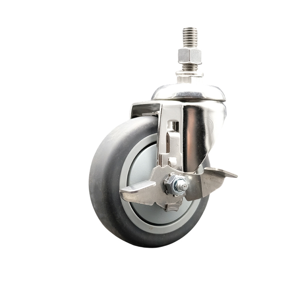 Thermoplastic Rubber Swivel Stem Caster with 4 Inch Gray Caster Wheel and Top Lock Brake - 12mm Metric Threaded Stem - 316 Stainless Steel Caster - 250 lbs. Capacity Per Caster - Service Caster Brand — photo 1