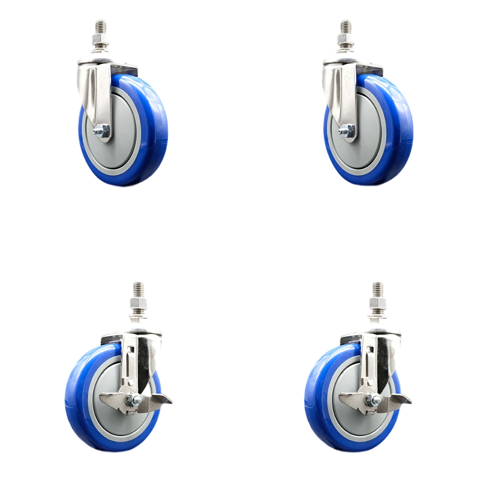 Poly Swivel Stem Caster Set of 4 with 5 Inch Blue Caster Wheels - 1/2" Threaded Stems - 316 Stainless Steel Casters - Includes 2 Swivel Casters with Top Lock Brakes and 2 Swivel -Service Caster Brand — photo 1