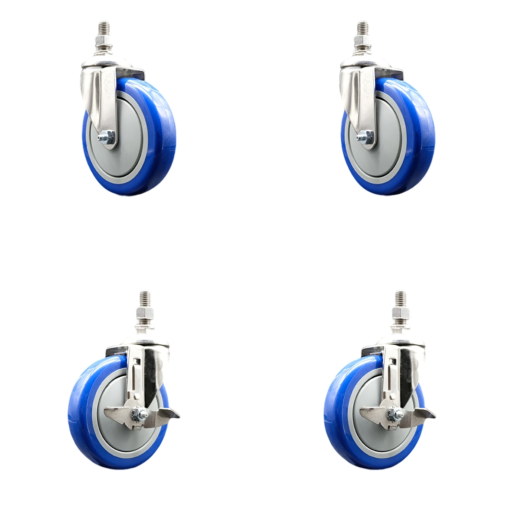 Poly Swivel Stem Caster Set of 4 with 5 Inch Blue Caster Wheels - 3/8" Threaded Stems - 316 Stainless Steel Casters - Includes 2 Swivel Casters with Top Lock Brakes and 2 Swivel -Service Caster Brand — photo 1
