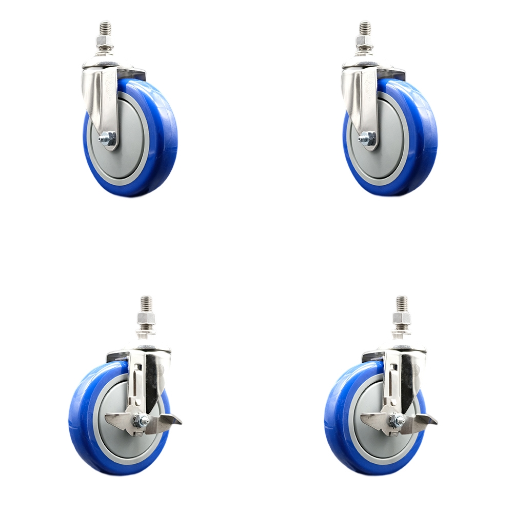 Poly Swivel Stem Caster Set of 4 with 5 Inch Blue Caster Wheels-10mm Metric Threaded Stems-316 Stainless Steel Casters-Includes 2 Swivel Casters with Top Lock Brakes and 2 Swivel-Service Caster Brand — photo 1